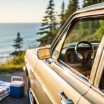 Golden-hour road-trip scene with an open-window vintage car, headphones on the dashboard, and a beach blanket near a scenic shoreline.