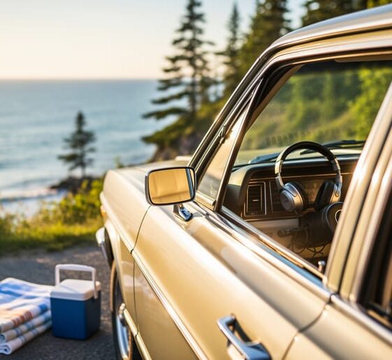 Golden-hour road-trip scene with an open-window vintage car, headphones on the dashboard, and a beach blanket near a scenic shoreline.