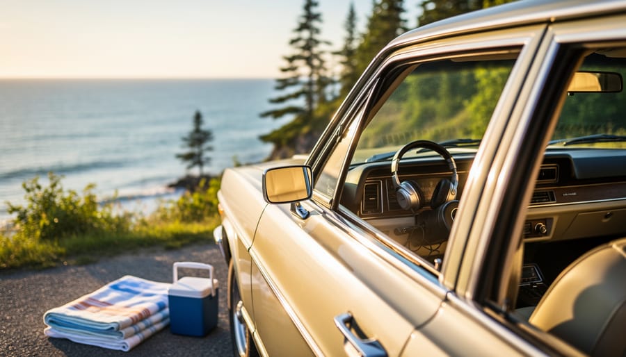 Golden-hour road-trip scene with an open-window vintage car, headphones on the dashboard, and a beach blanket near a scenic shoreline.
