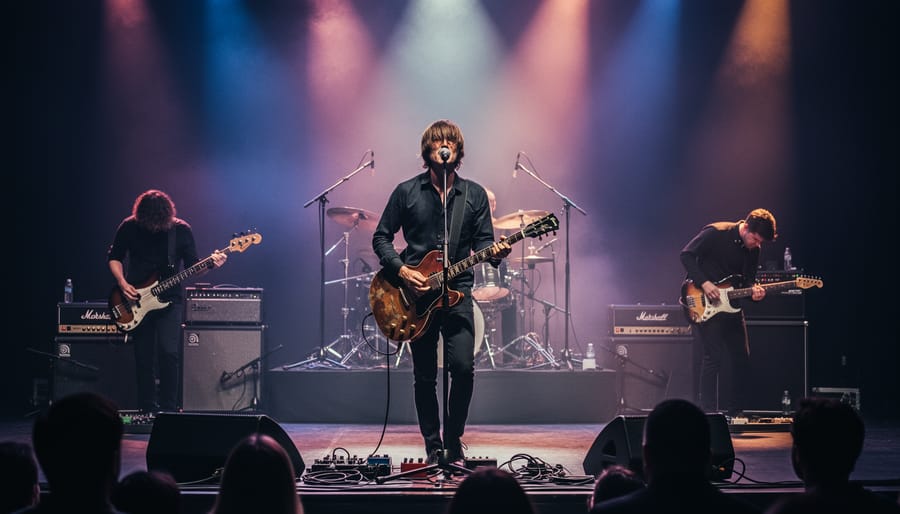 Low-angle view of a guitarist silhouette in front of glowing amps and pedals during a shoegaze-style concert.