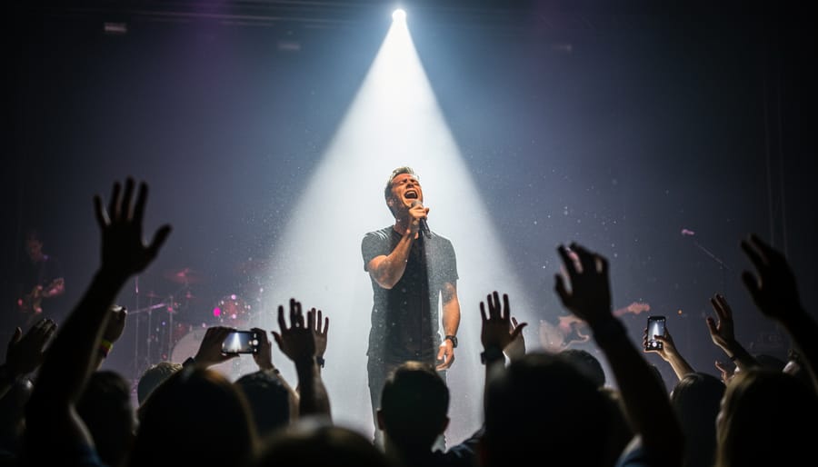 Scuffed kick drum and spotlight beam in a smoke-filled concert venue with blurred stage silhouettes in the background.