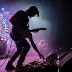 Low-angle live stage scene of a guitarist silhouette with glowing amplifiers and pedal lights behind a hazy crowd, evoking a wall-of-sound performance.