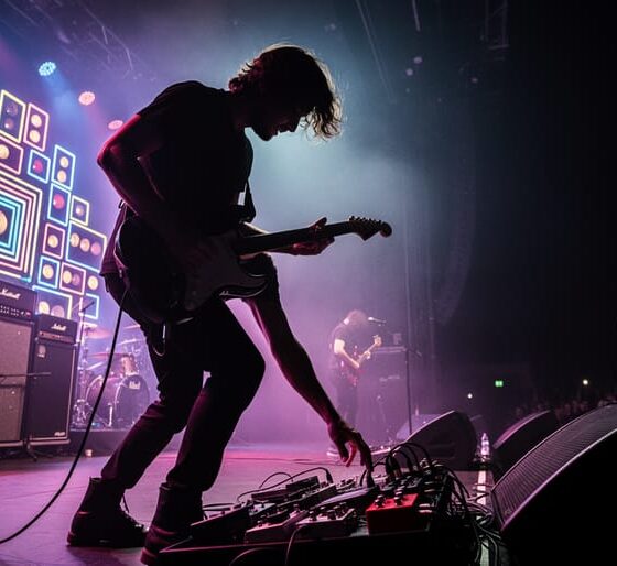 Low-angle live stage scene of a guitarist silhouette with glowing amplifiers and pedal lights behind a hazy crowd, evoking a wall-of-sound performance.