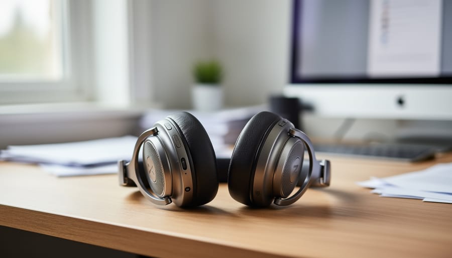 Over-ear closed-back headphones on a cafe table next to a vinyl record sleeve