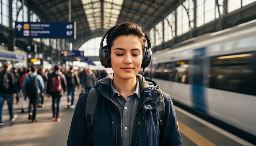 Commuter wearing noise-cancelling headphones on a subway platform with the crowd blurred in the background