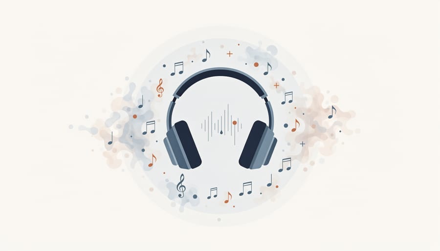 Conceptual image of headphones creating a contained quiet atmosphere in a dim room