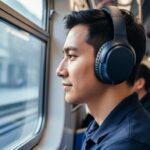 Close-focused view of a commuter wearing closed-back over-ear sound-isolating headphones on a busy subway, with the background softly blurred.