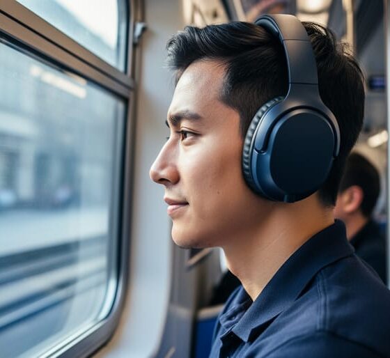 Close-focused view of a commuter wearing closed-back over-ear sound-isolating headphones on a busy subway, with the background softly blurred.