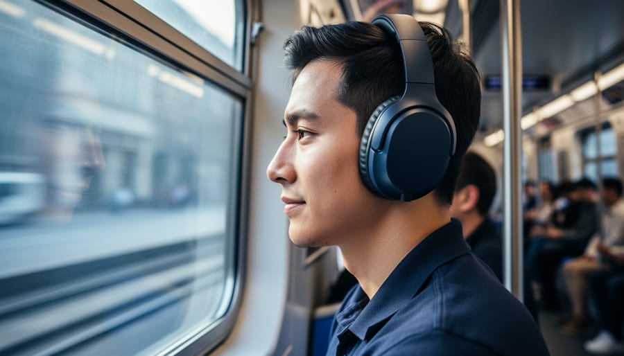 Close-focused view of a commuter wearing closed-back over-ear sound-isolating headphones on a busy subway, with the background softly blurred.
