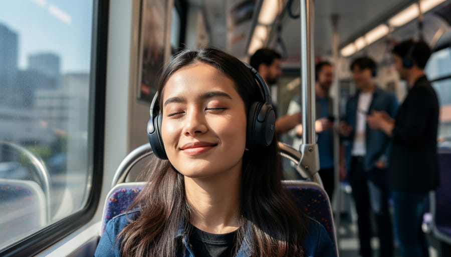 Commuter wearing in-ear monitors at a train station with blurred platform background