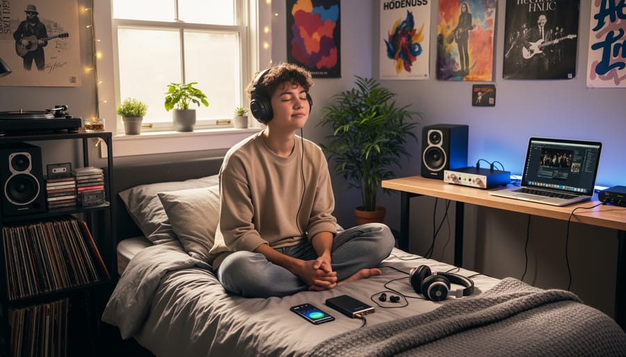 Person wearing in-ear monitors while listening to indie music in a bedroom studio