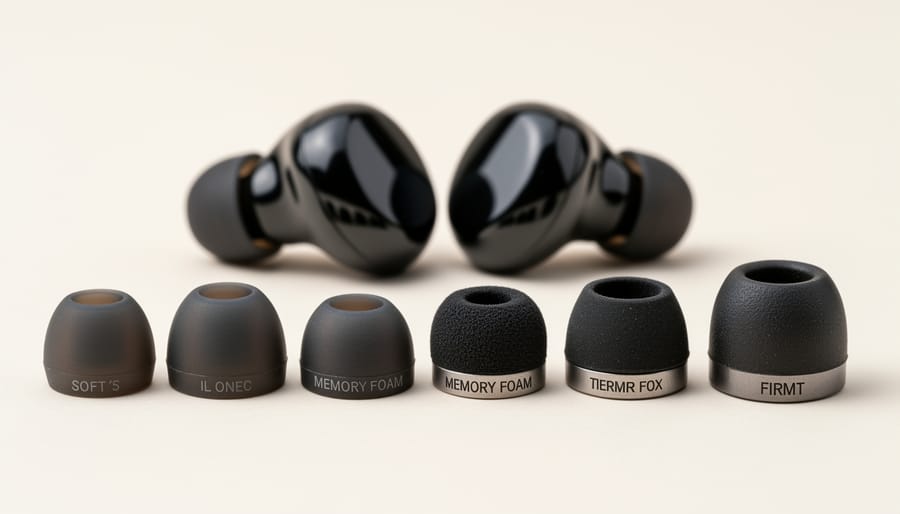 Close-up of various in-ear monitor ear tips and an IEM shell on a clean surface
