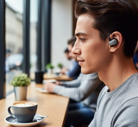 Close-up of active noise cancelling IEM earbuds worn by a person in a coffee shop, with the surrounding cups and shelves softly blurred in the background.