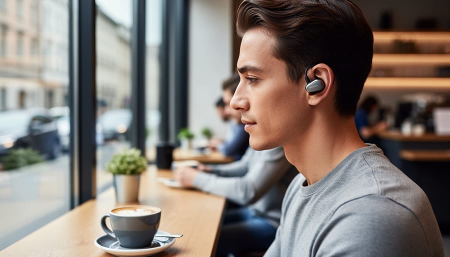 Close-up of active noise cancelling IEM earbuds worn by a person in a coffee shop, with the surrounding cups and shelves softly blurred in the background.