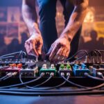 Close-up of a musician’s hands adjusting an illuminated pedalboard on a small indie stage with stage haze and blurred concert lighting in the background.