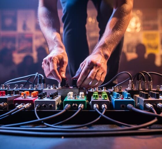 Close-up of a musician’s hands adjusting an illuminated pedalboard on a small indie stage with stage haze and blurred concert lighting in the background.