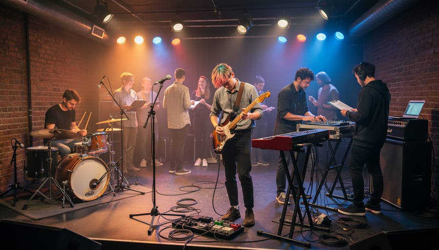 Musician adjusting a guitar pedalboard on a small stage before a live performance
