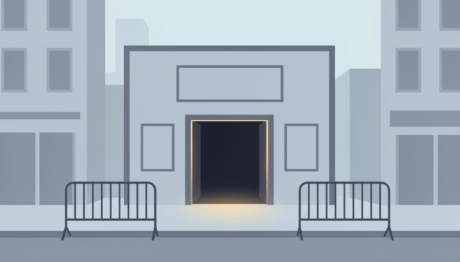 Warmly lit venue entrance in front of a Canadian-style mural wall at night