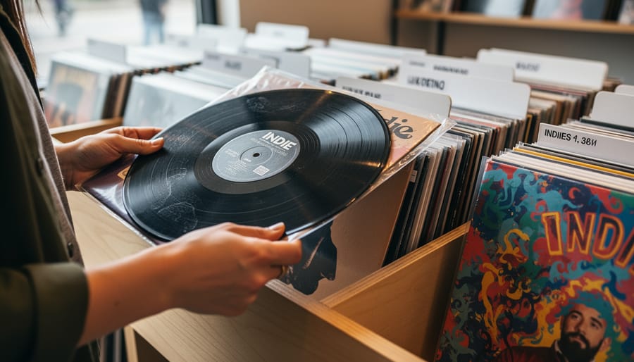 Close-up of vinyl records on a turntable with visible grooves and soft reflections
